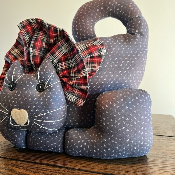 Vintage Fabric HandmadeFat Cat Weighted Doorstop Green Floral Pattern Kitty Cat - Picture 5 of 11